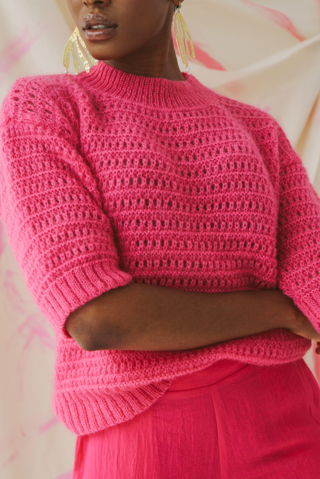 CLARA OPEN KNIT CREW NECK SS JUMPER - FUSCIA